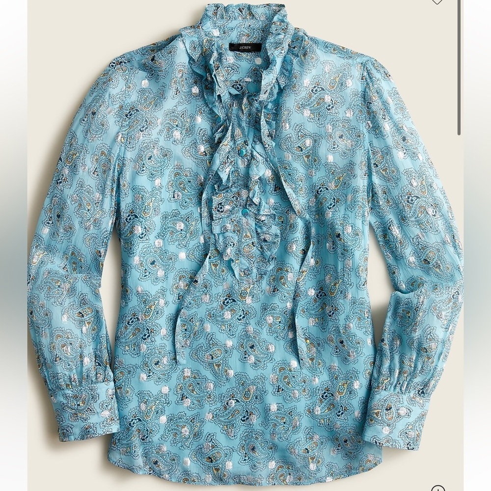 J. Crew Women's XS Metallic Chiffon Ruffleneck Top in Paisley Bunch